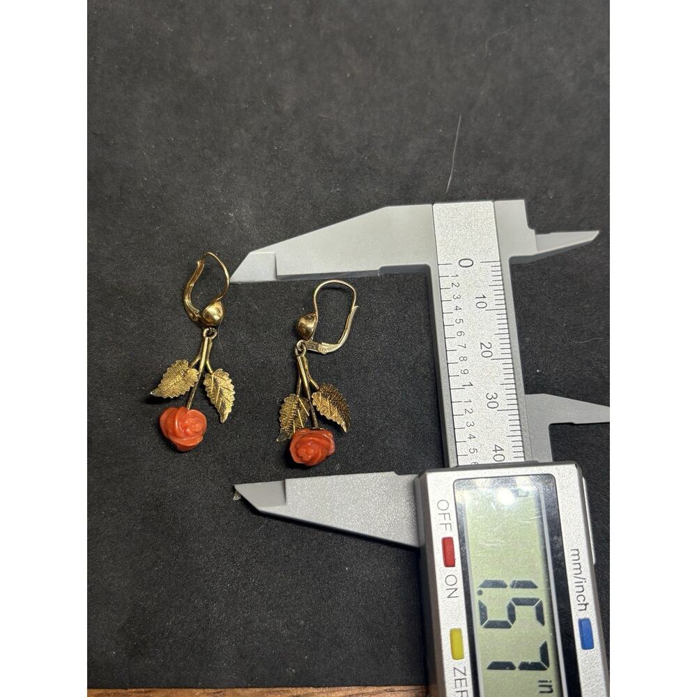 Vintage Antique Victorian 14k & 10k Gold Carved Red Rose Coral Dangle Earrings - Picture 7 of 7